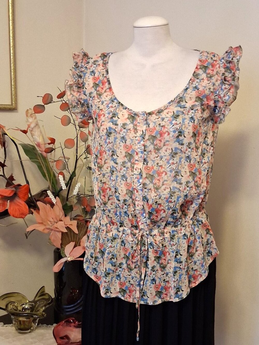 NEW Ruffle Tunic Well Tailored Quality Summer Tank Top Sleeveless Floral Blouse